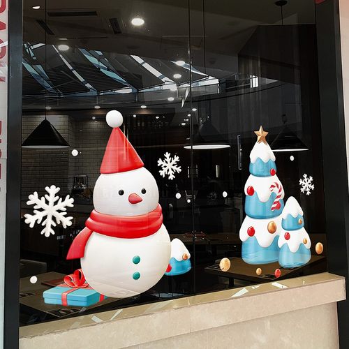 圣诞节装饰店铺橱窗玻璃贴门贴纸元旦墙贴画雪人树图案静电窗花贴