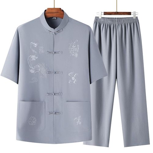中老年唐装男士夏季款上衣短袖男套装爸爸夏装老年人爷爷宽松衣服