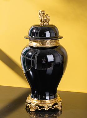 美式青花陶瓷镶铜将军罐摆件客厅奢华摆设品欧式玄关高档工艺品