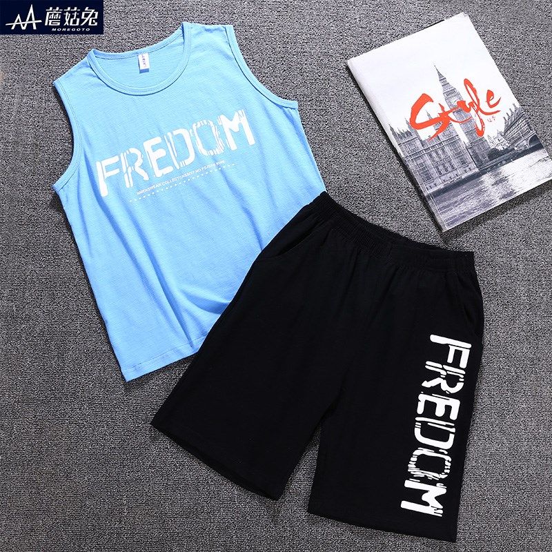 胖男童背心套装夏季薄款中大童儿童无袖家居服两件套男孩睡衣宽松