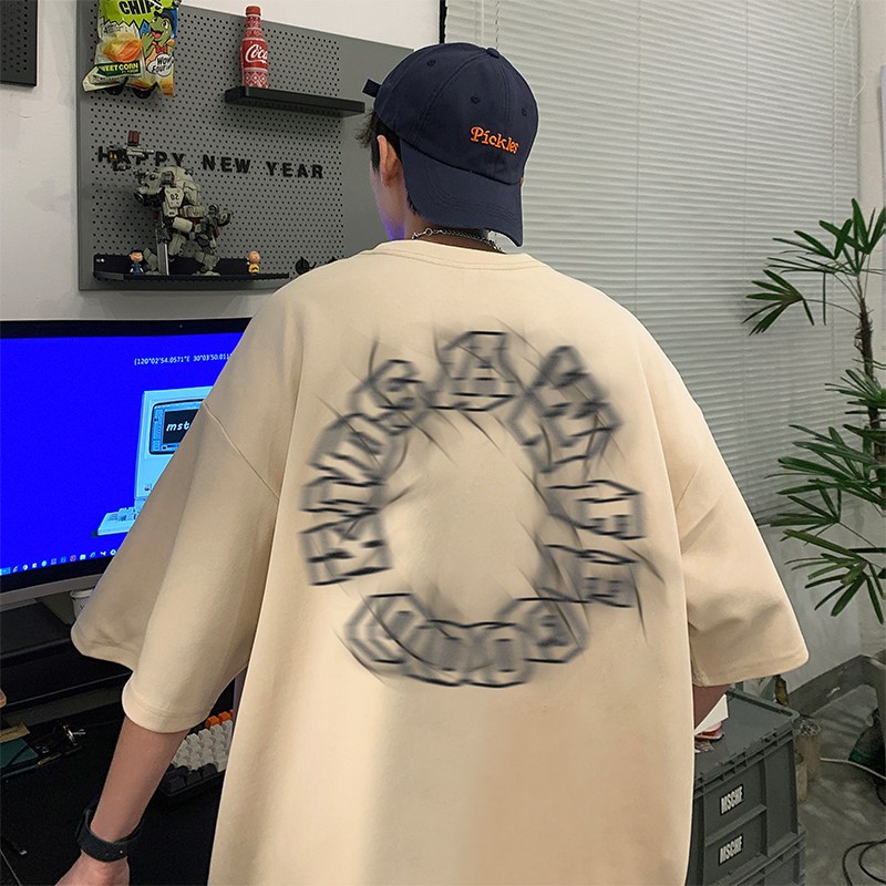 美式字母印花短袖t恤男款夏季潮牌痞帅7分袖oversize宽松圆领半袖