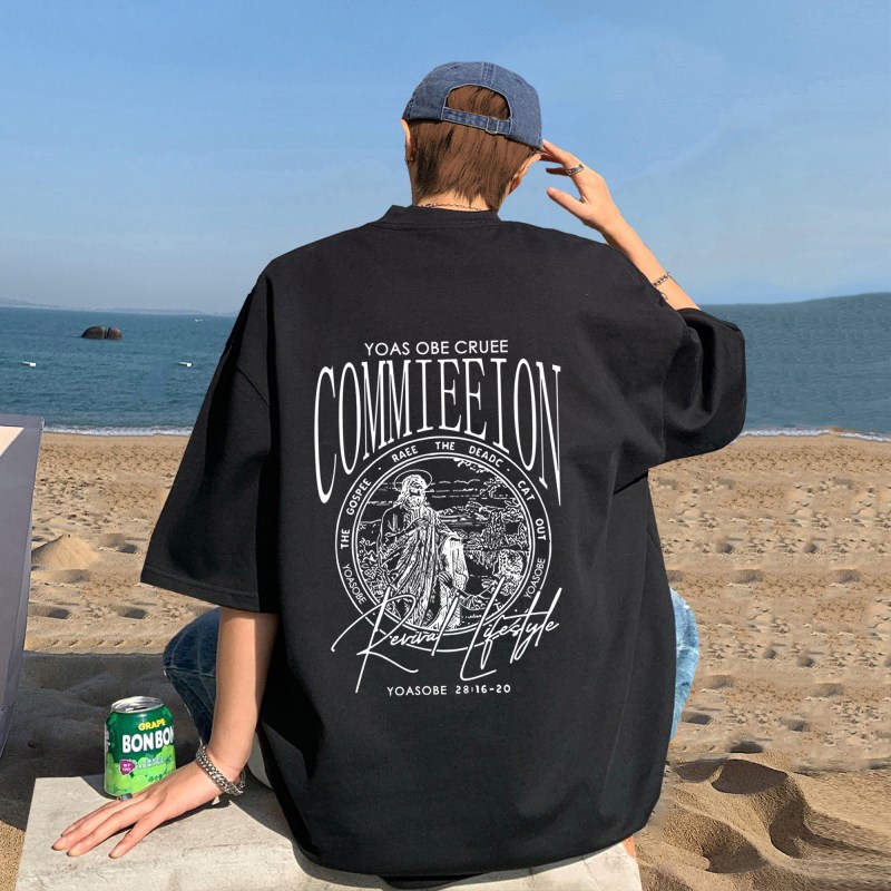 欧美短袖t恤男夏季设计感小众青少年体恤oversize高街情侣7分袖