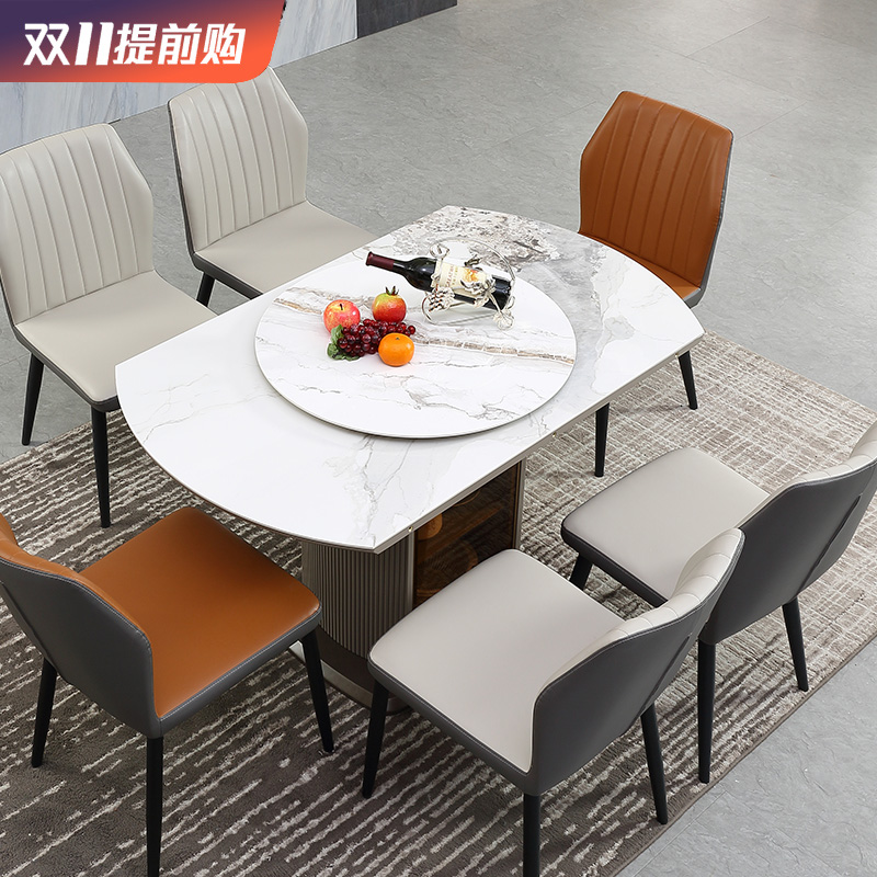 岩板餐桌椅组合现代简约实木家用小户型可伸缩折叠带储物柜圆饭桌