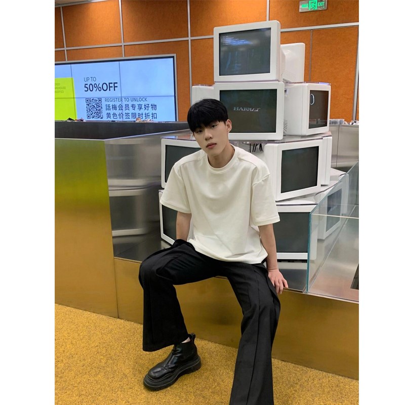 小领口短袖t恤男夏季二本针纯色基础款7分袖oversize大码中袖上衣