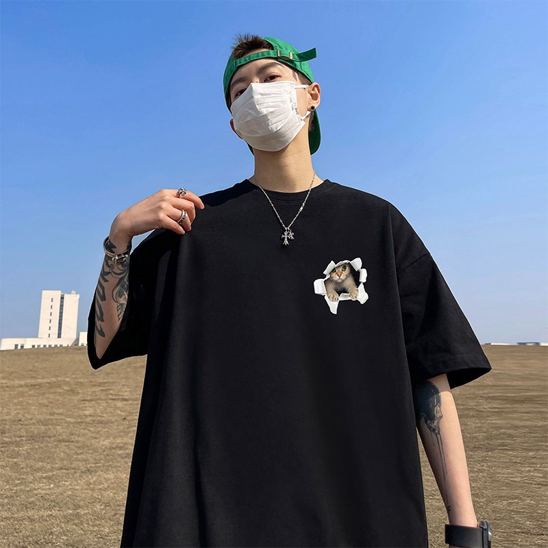 猫咪图案短袖t恤男美式小领口cleanfit半袖衫男款夏季七分袖上衣