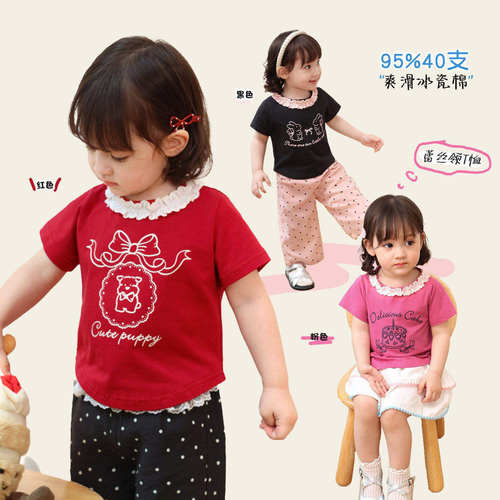 小o爸女婴童 宝宝t恤短袖2026夏季新款蕾丝圆领婴儿洋气红色上衣