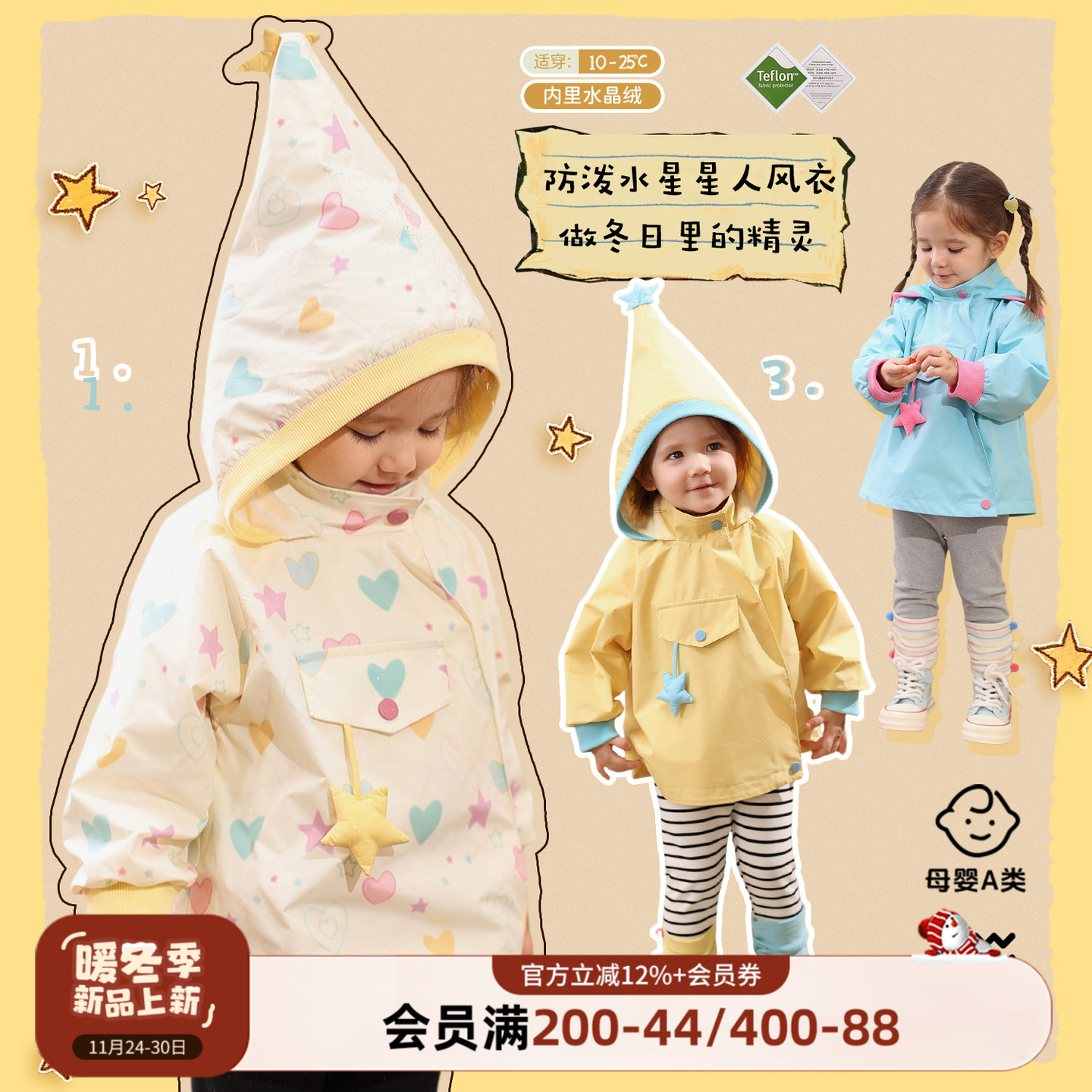 小o爸女婴童 女宝宝外套2025冬季婴儿加绒连帽风衣三防中长款上衣