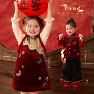 【锦星纳福】小o爸女婴童 宝宝连衣裙新年礼服红色拜年服周岁衣服