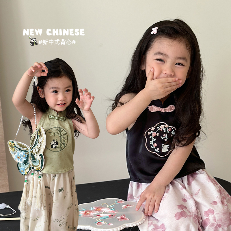 女童新中式甜美中式挂脖背心上衣