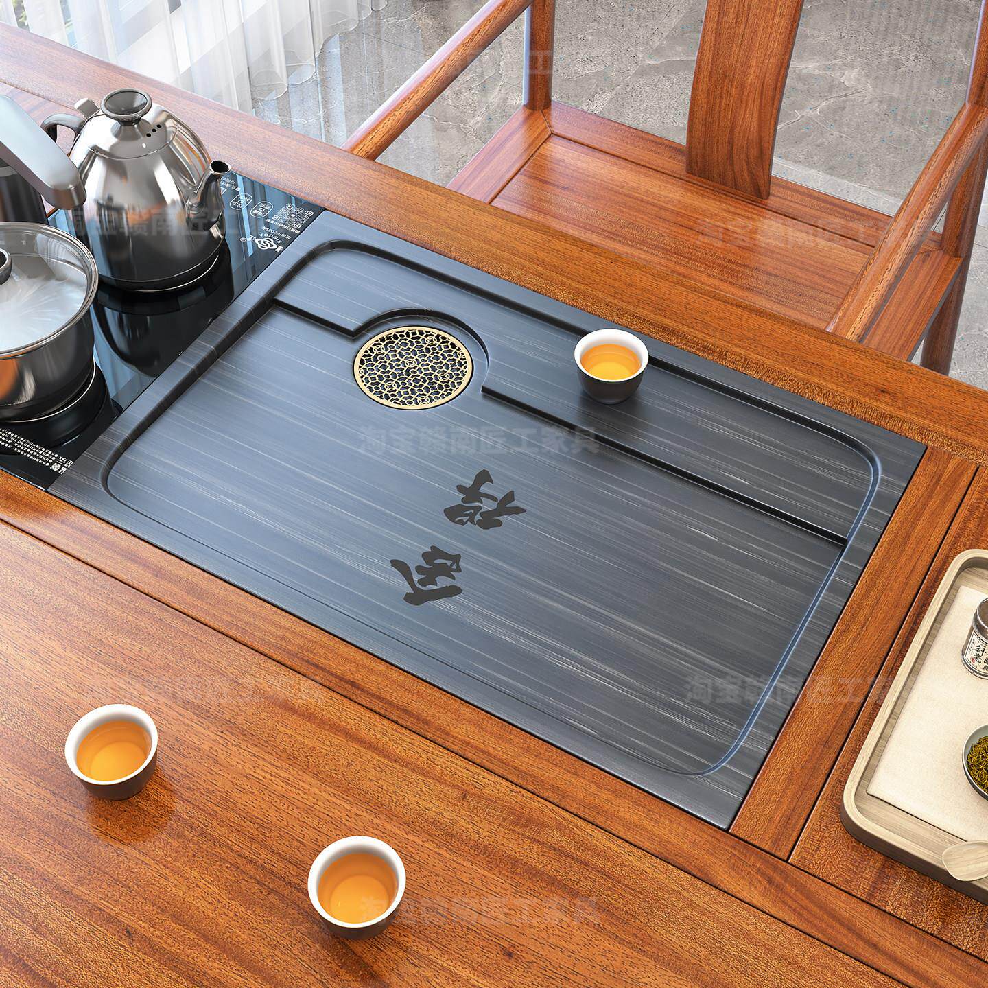 茶盘嵌入式面板石头定制茶桌石板漏水盖板家用岩板茶台镶嵌式托盘