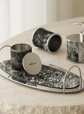 不锈钢马毛皂分配器浴室皮革图案牙刷杯浴室套装洗液瓶托盘组合别