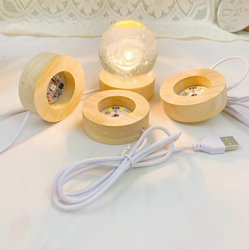 实木发光水晶球木质底座圆形小夜灯座暖光白光led插电usb底座