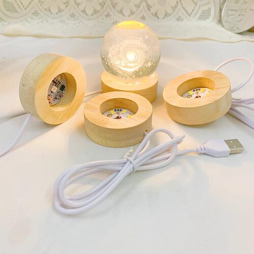 实木发光水晶球木质底座圆形小夜灯座暖光白光led插电usb底座
