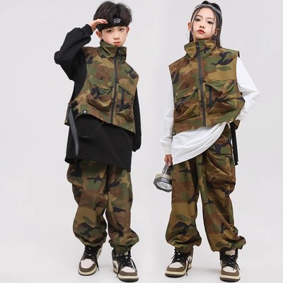 新品街舞男生潮服嘻哈男女孩潮牌酷帅迷彩马甲套装少儿hiphop表演