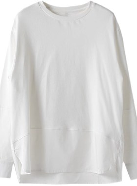 春季上衣女新款白色内搭打底衫简约百搭宽松显瘦圆领拼接长袖T恤