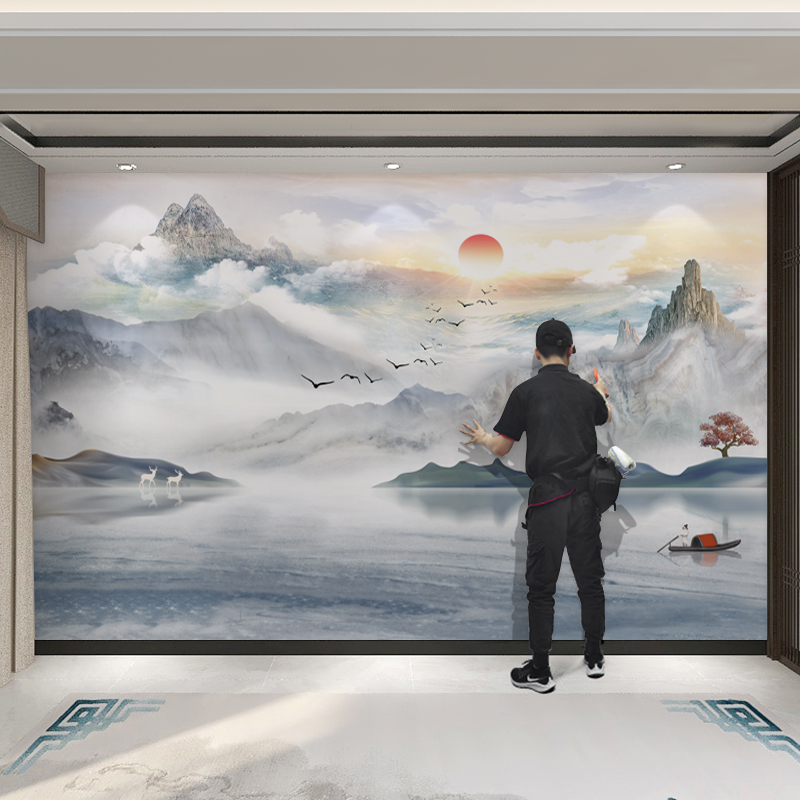 新中式客厅电视背景墙壁纸8d壁画影视写意山水沙发茶室无缝墙布3d