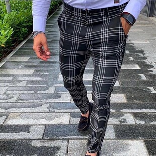 Mens Casual Pants Plaid Social Slim Fit Black Trousers Zipp