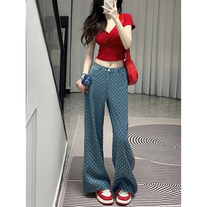 蓝色波点牛仔裤女夏薄款胖妹妹mm梨形身材高腰宽松显瘦直筒阔腿裤,女装/女士精品,大码裤装,淘宝优惠券,粉丝福利购,淘宝优惠卷
