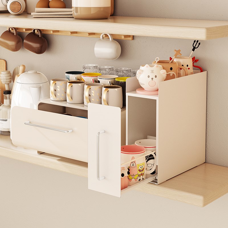 a生桌面抽拉置物架杯子收纳架办公桌多层水杯架子餐桌茶杯储物架