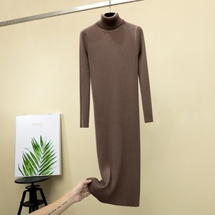 针织连衣裙女秋冬长款加厚气质过膝毛衣裙长袖修身高领内搭打底裙