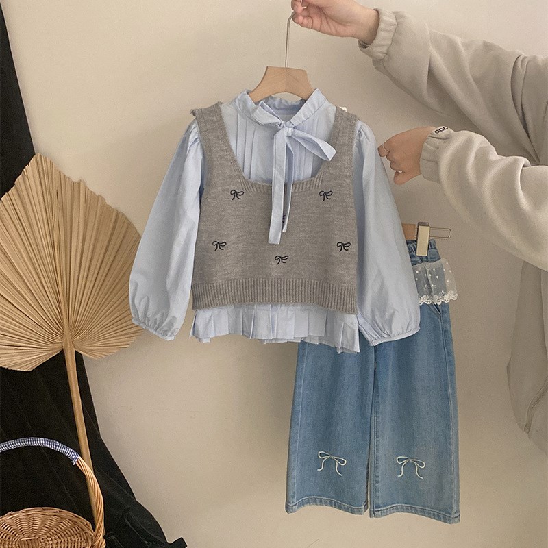 Z-GB001女童春秋装新款洋气儿童蝴蝶结马甲衬衫牛仔裤女孩三件套