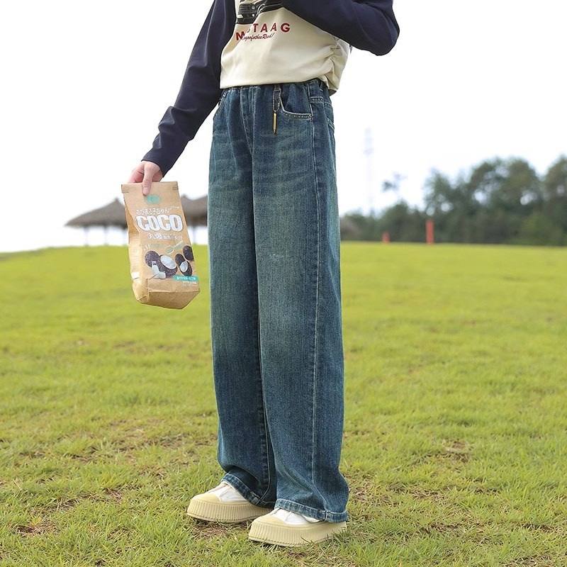 女童牛仔裤春秋款2024新款儿童秋装大童阔腿长裤秋季女孩直筒裤子