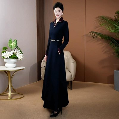 藏蓝色高端连衣裙女新款冬季轻奢高级感气质显瘦毛呢超长裙子1091