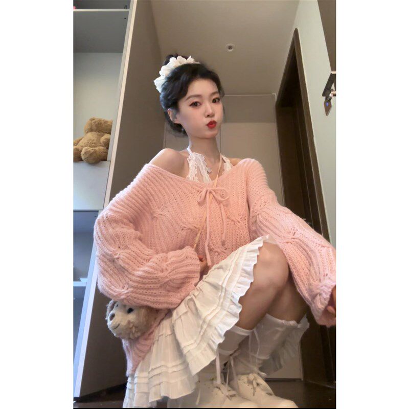 七分糖甜美蝴蝶结宽松毛衣蕾丝内搭背心女早秋半身裙三件套