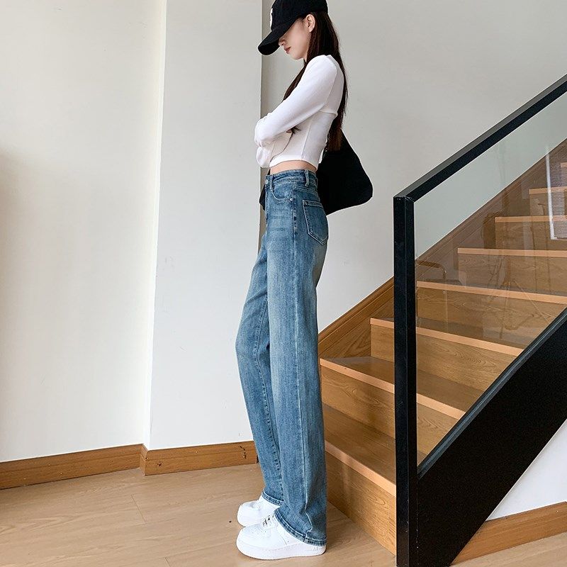 牛仔裤女秋冬款2024年新款高腰窄版阔腿裤复古显瘦小个子直筒裤子