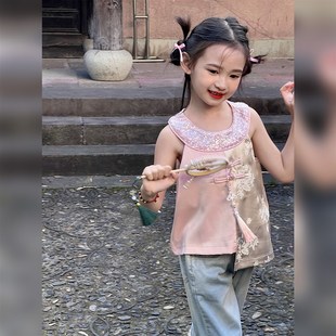 女童汉服2024夏季新款旗袍儿童新中式挂脖无袖中国风上衣盘扣唐装