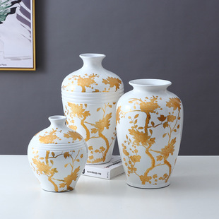 新中式 饰罐子 家居摆件轻奢金花复古陶瓷花瓶软装 样板间摆饰家居装