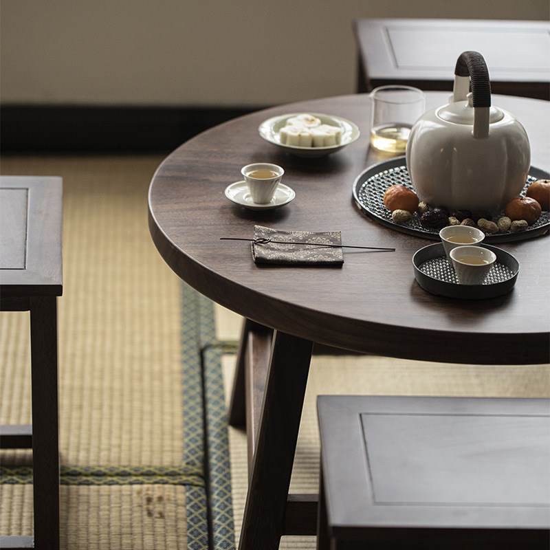 清欢丨矮款胡桃木圆形茶桌 新中式茶室用烧炭茶台 茶空间围炉煮茶