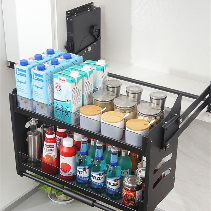 航艇橱柜厨房顶柜拉篮吊柜升降拉篮下拉式置物架阻尼调味升降碗篮
