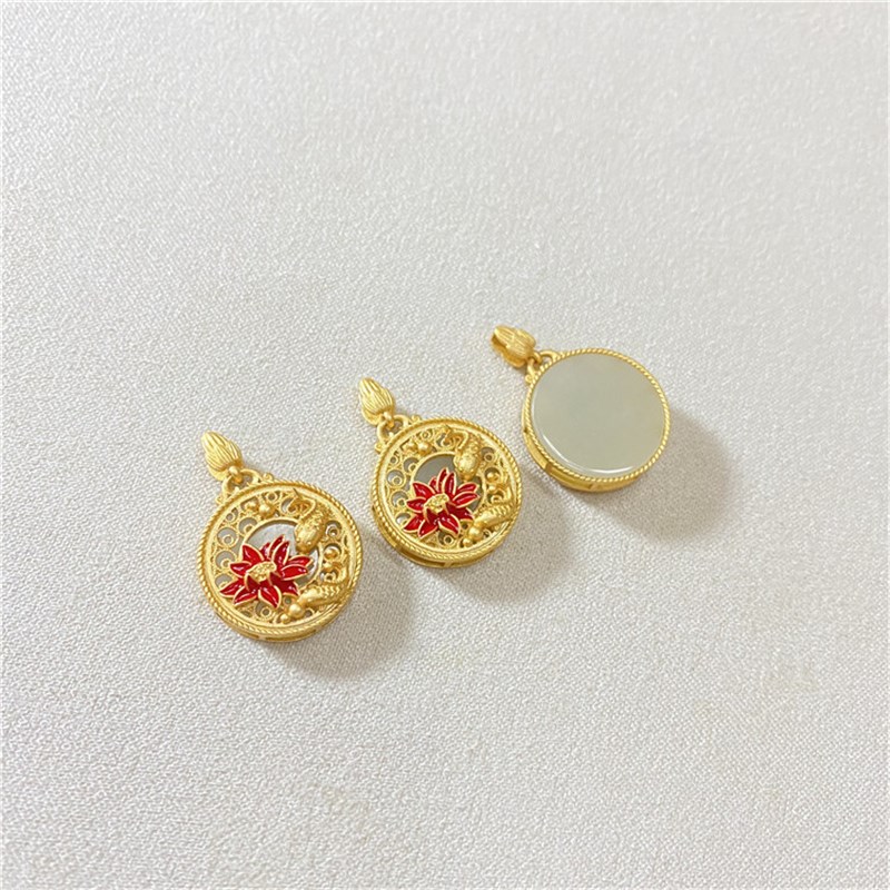 天然和田玉纯银古法金掐丝镶嵌款吊坠 女款银镀金金镶玉饰品