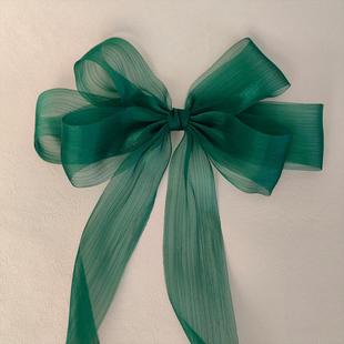 一眼心动超大墨绿色梦幻流光薄纱长飘带蝴蝶结发夹新中式国风