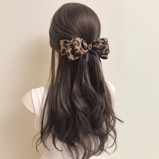 原创秋冬复古毛呢豹纹对称蝴蝶结发夹弹簧夹气质头饰氛围感发饰