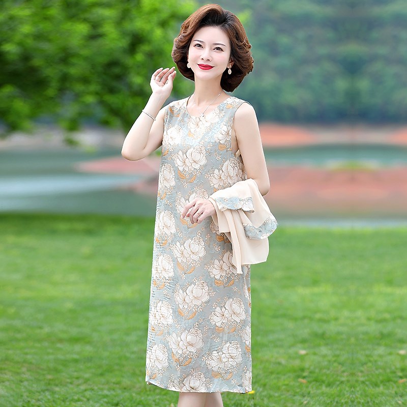 妈妈夏装洋气连衣裙中年女装防晒披肩中老年气质大码雪纺裙子套装