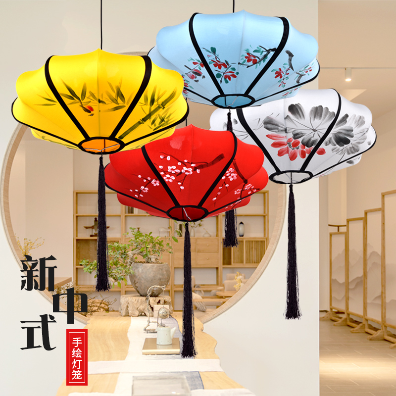中式飞碟布艺吊灯饭店装饰灯水墨画古典灯具中国风仿古手绘红灯笼图片