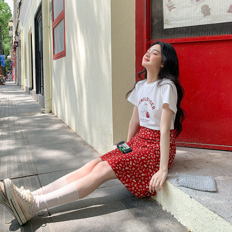 觅定红色碎花雪纺半身裙女夏季垂感中裙高腰a字短裙子小个子半裙