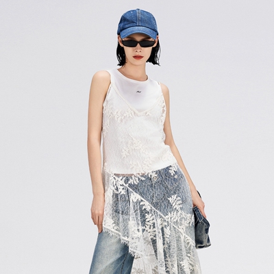 纯色无袖网状吊带中长款套头单件