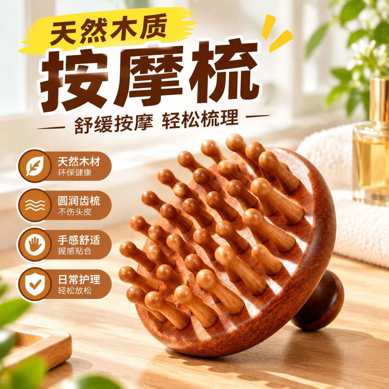天然檀木按摩梳子头上经络梳整木按摩头皮全身经络防脱静电圆盘梳