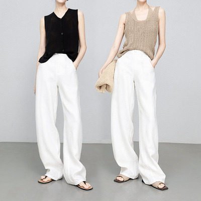 漫淑霏白色亚麻裤宽松透气休闲阔腿裤老钱风松弛感显瘦香蕉裤女