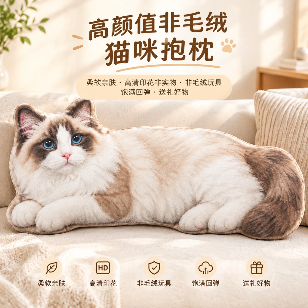仿真布偶猫印花抱枕蓝眼睛长毛猫毛绒靠垫沙发午睡床头装饰礼物