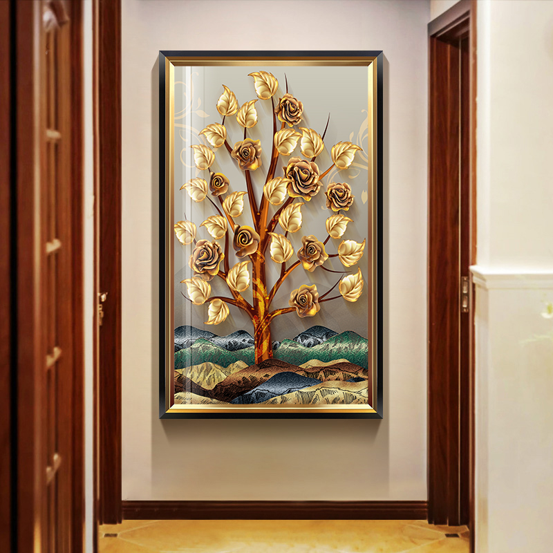 新品美式复古怀旧招财树进门玄关装饰画油画布喷绘竖版入户走廊墙图片