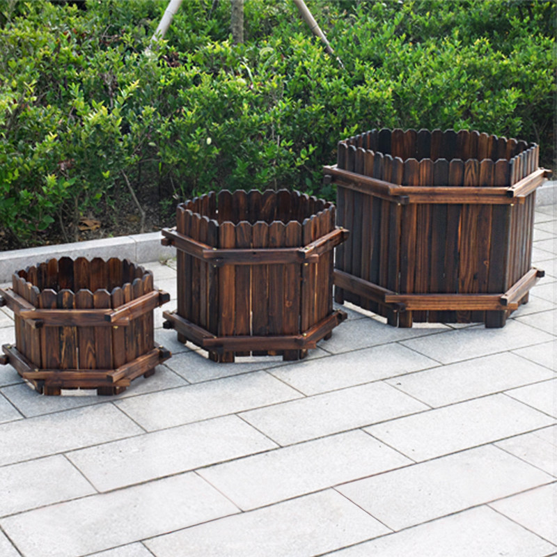 室外木花盆景观防腐碳化木户外木花箱木头六角花槽木制阳台特大号