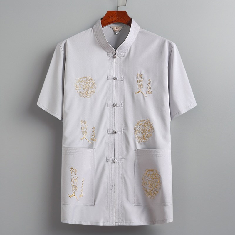 好货夏季中老年男士唐装爸爸刺绣龙中国风爷爷短袖汉服民族风男式