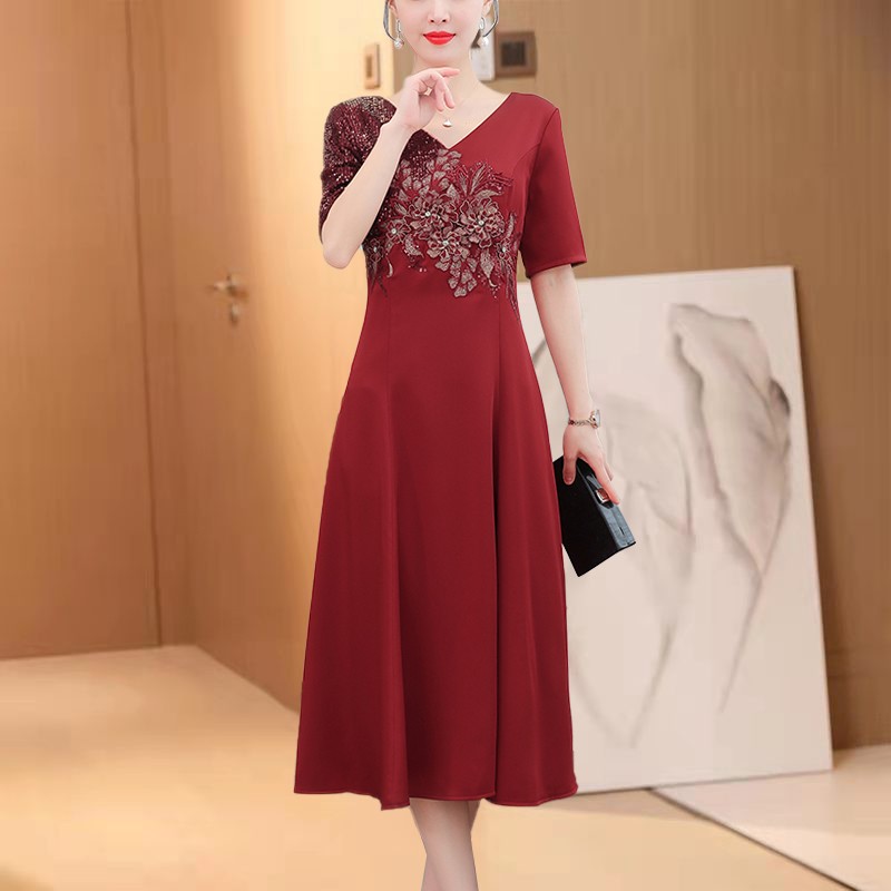 高端阔太太缎面裙子夏季女装妈妈母亲嫁女儿喜婆婆结婚礼服连衣裙