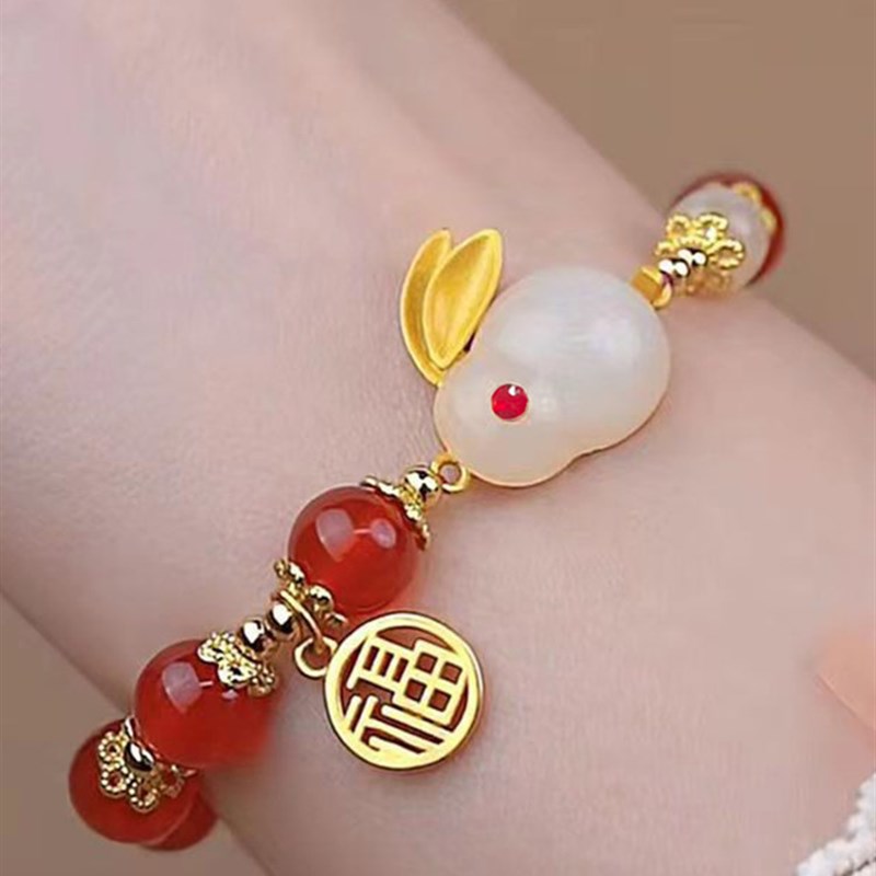 华盛女生款学生中秋节小兔子珠珠手串钱兔无量手镯新中式玉兔手錬