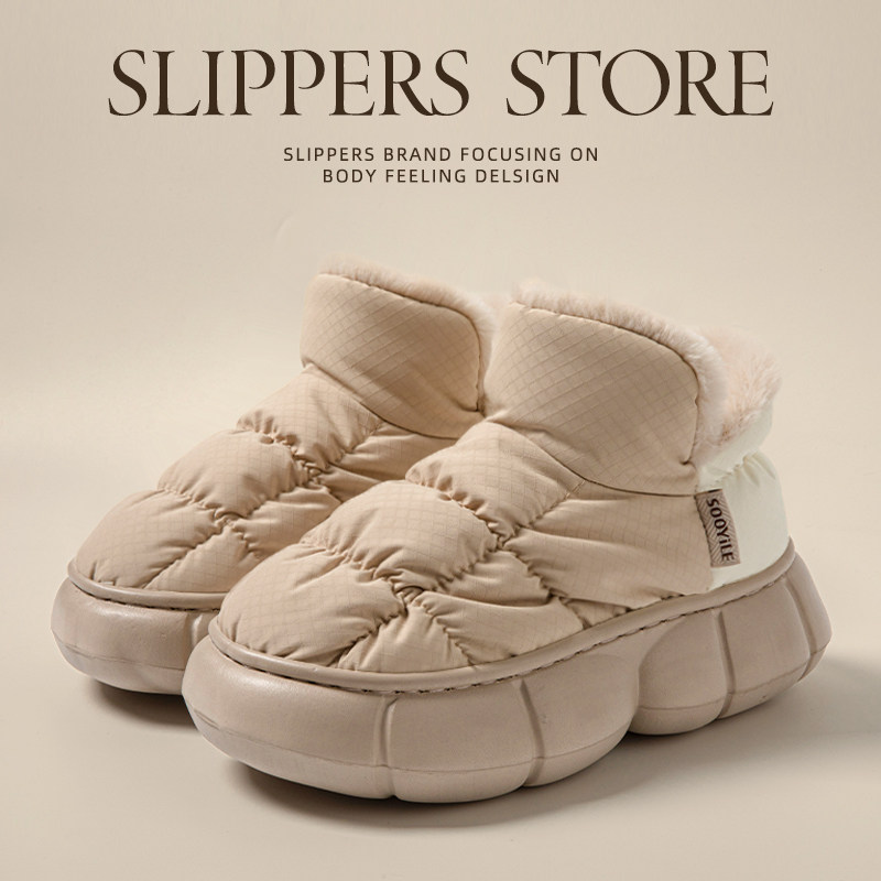 厚底保暖棉拖鞋女士冬季外穿防水2024新款时尚简约高帮雪地靴女冬