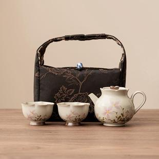 旅行茶具小套装 草木灰小雏菊陶瓷功夫茶具家用一壶两杯户外便携式